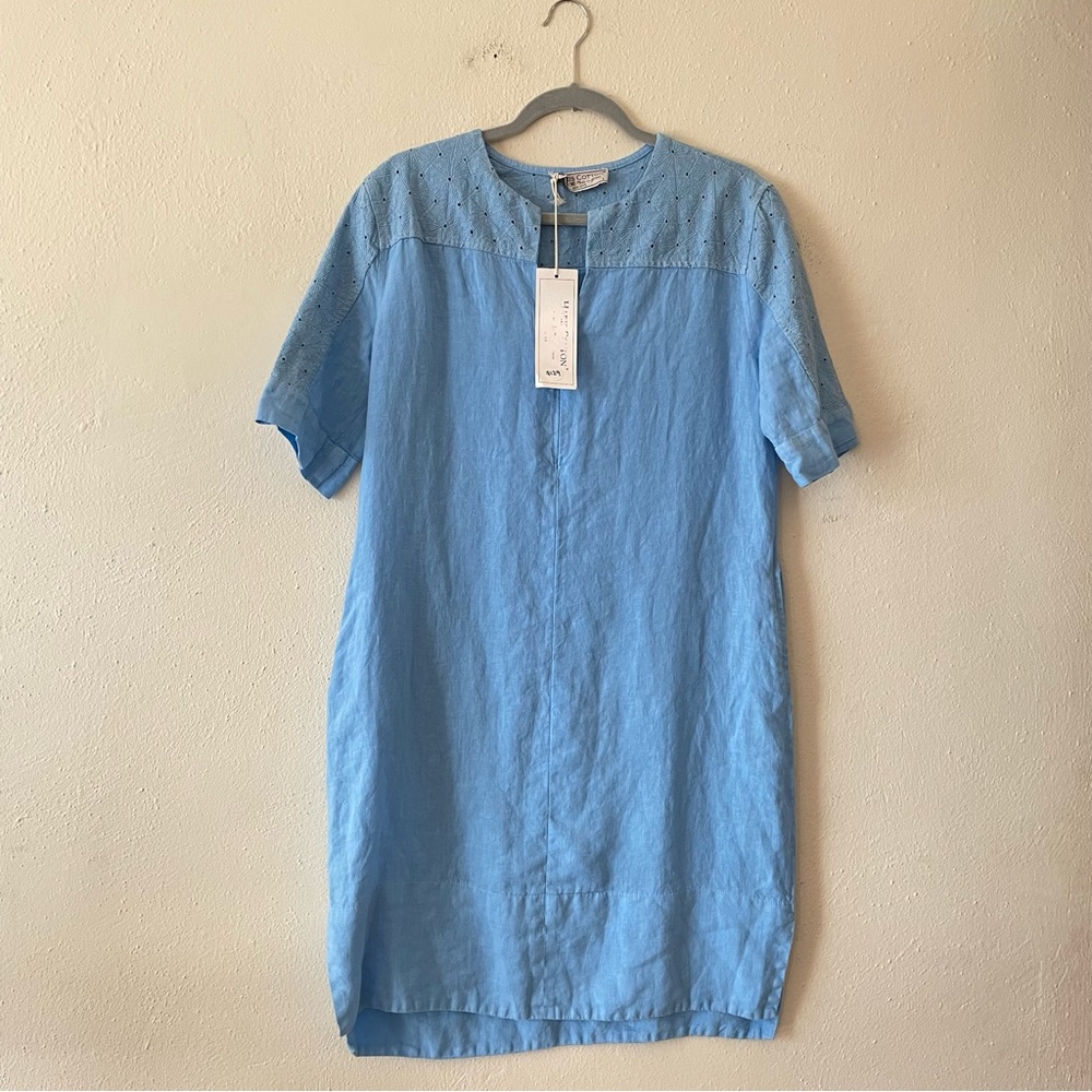 NWT HARIS COTTON LINEN SHIFT DRESS BLUE zip front size S W/ pockets